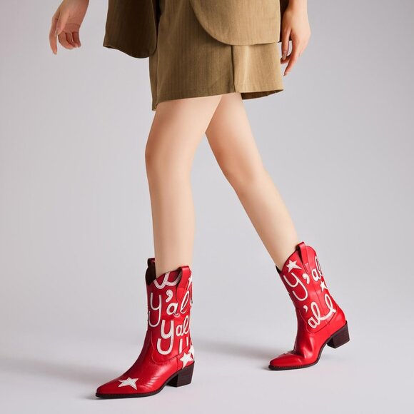 ⚡Women's Red Embroidered Mid Calf Cowgirl Boot Western Pointed Toe Chunky Heel - Picture 4 of 6